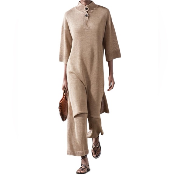 ZARA NWT Small Knit Brown Taupe Tunic Dress Wide Sleeves Button Front Brown - Picture 3 of 7